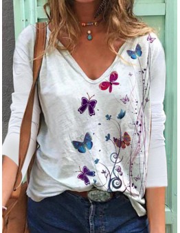 Women Butterfly Print V  neck Regular Fit Long Sleeve Casual T  Shirt