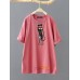 Cartoon Cat Letter Print Round Neck Short Sleeve T  Shirt