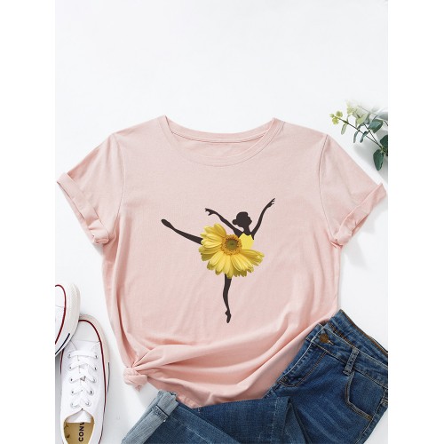 Women Flower Dancing Girl Print O  Neck Short Sleeve Multi  Color T  Shirt