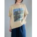 Landscape Print Round Neck Short Sleeve Cotton Loose Casual T  Shirt