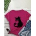 Women Cartoon Cat Letter Printed O  Neck Casual Short Sleeve T  Shirts