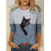 Women Contrast Color 3D Cat Print Long Sleeve O  Neck Casual T  Shirt