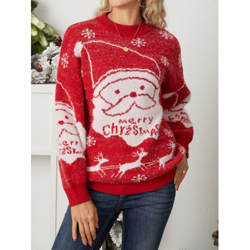 Women Christmas Thermal Knit Cartoon Santa Pattern Casual Sweaters