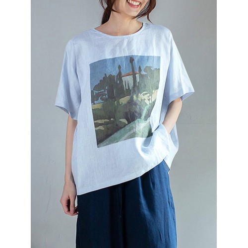 Landscape Print Round Neck Short Sleeve Cotton Loose Casual T  Shirt