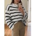 Women Black and White Striped O  Neck Casual Loose Fit Preppy Sweasters