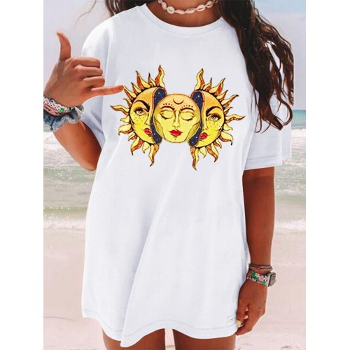 Cartoon Sun Print Round Neck Short Sleeve Casual Loose T  Shirt