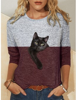 Women Contrast Color 3D Cat Print Long Sleeve O  Neck Casual T  Shirt