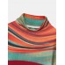 Women Rainbow Striped Print Patchwork Turtleneck Ribbed Sweater