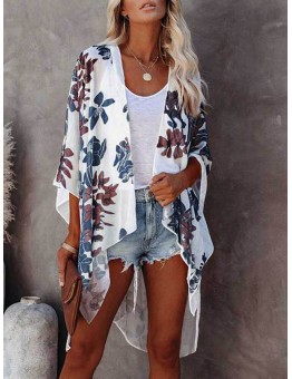 Flower Print Split High  Low Hem Loose Open Front Cardigan