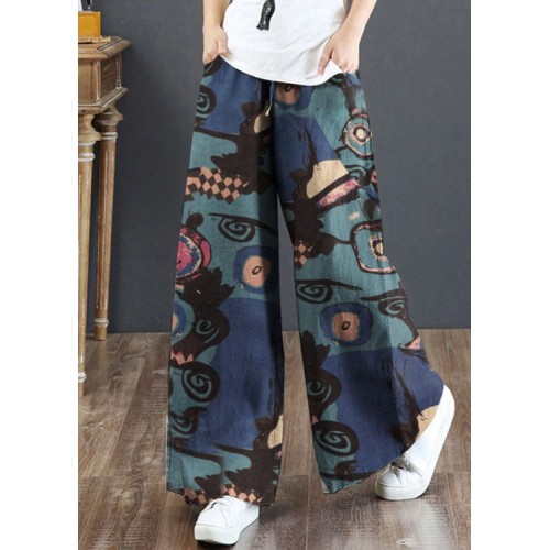 Blue Print Cotton Wide Leg Pants High waist Pockets Summer