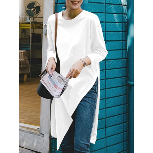 Solid Irregular Hem Slit Long Sleeve Crew Neck Long T  shirt