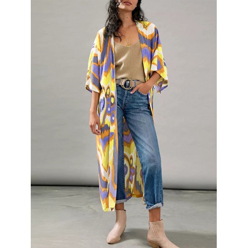 Printing Open Front 3 4 Sleeve Loose Cardigan For Women