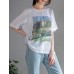 Landscape Print Round Neck Short Sleeve Cotton Loose Casual T  Shirt