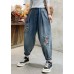 Beautiful Denim Blue Floral Embroideried Elastic Waist Pockets Cotton Harem Pants Summer