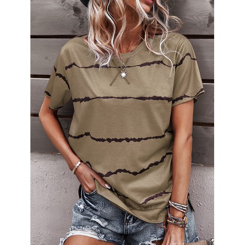 Stripe Print Short Sleeve O  neck Loose Casual T  Shirt For Women