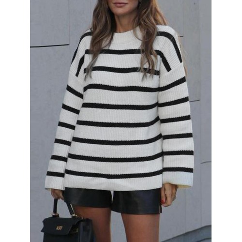 Women Black and White Striped O  Neck Casual Loose Fit Preppy Sweasters