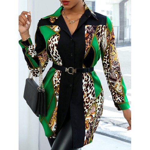 Leopard Contrast Color Long Sleeve Button Down Shirt