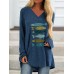 Fish Graphic Long Sleeve V  neck Casual Loose T  shirt