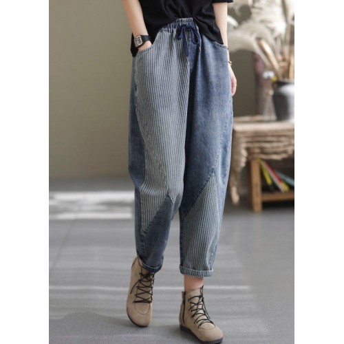 Art Blue Elastic Waist Pockets Patchwork Striped Cotton Denim Harem Pants Fall