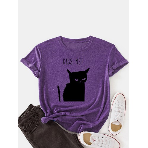 Women Kiss Cat Print O  Neck Short Sleeve Casual T  Shirt