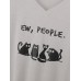 Women Cartoon Cute Cat Slogan Print V  Neck Curved Hem Short Sleeve T  Shirt