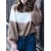 Women Colorblock Kitted Bishop Sleeve Warm High Neck Sweater