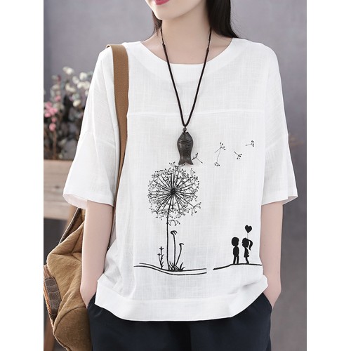 Cotton Flower Printed Round Neck Artsy Thin T  Shirt for Women